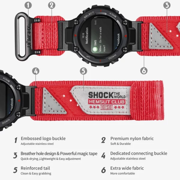 Red ShocktheWorld Nylon straps for Amazfit TRex