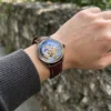 Badalassi Carlo Italian Leather Watch Strap | HEMSUT11 Burgundy leather watch strap worn outdoors