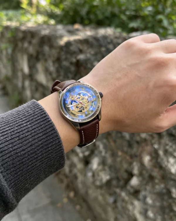 Badalassi Carlo Italian Leather Watch Strap | HEMSUT11 Burgundy leather watch strap worn outdoors