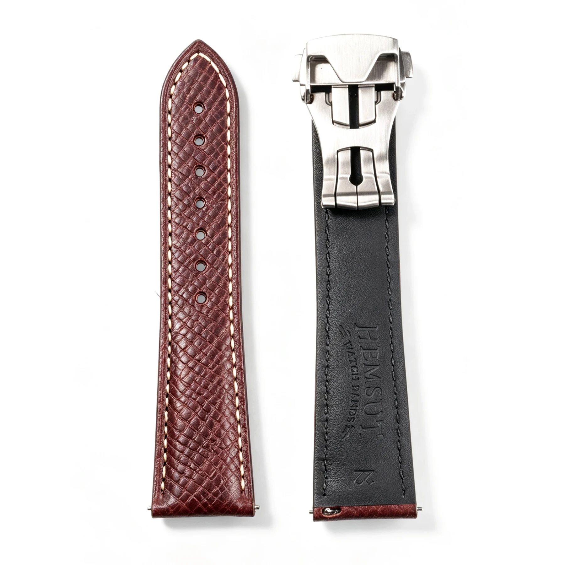 Stainless steel push-button deployant clasp and leather strap underside