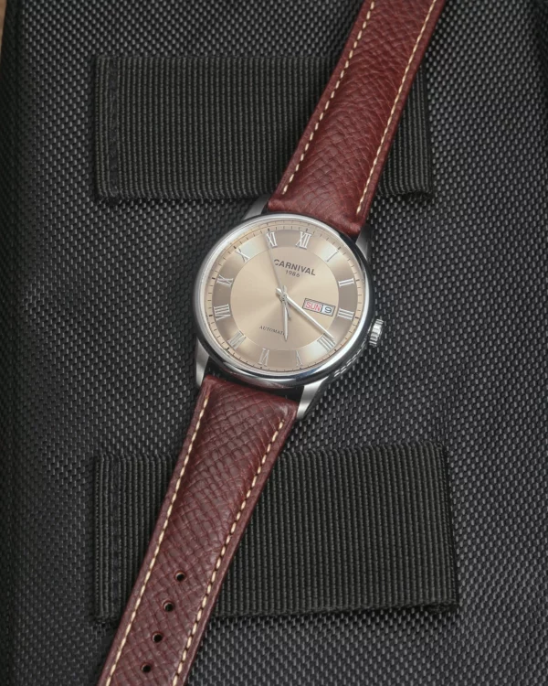 Badalassi Carlo Italian Leather Watch Strap | HEMSUT13 Burgundy Badalassi Carlo Italian leather watch strap on a watch