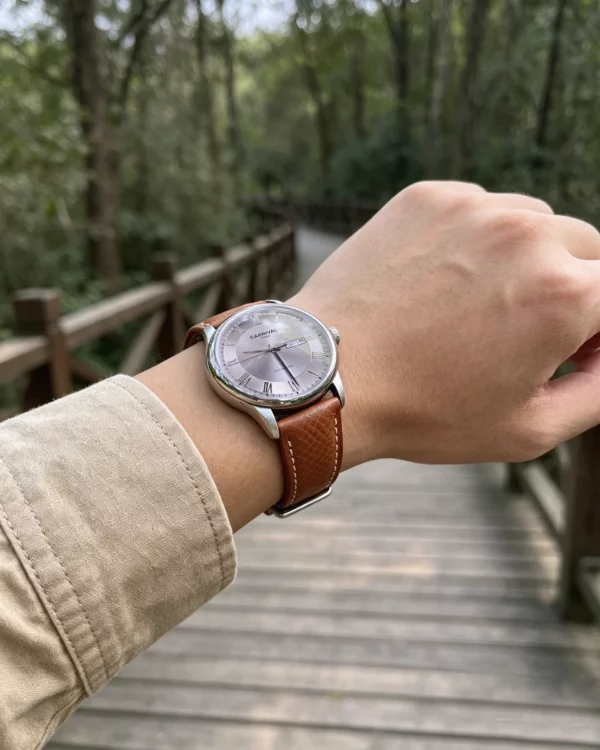 Badalassi Carlo Italian Leather Watch Strap | HEMSUT15 Cognac Brown leather watch strap worn outdoors