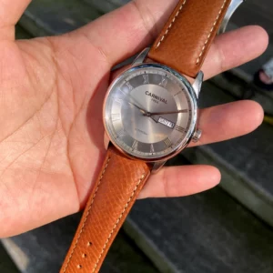 Cognac Brown leather watch strap installed on a wristwatch