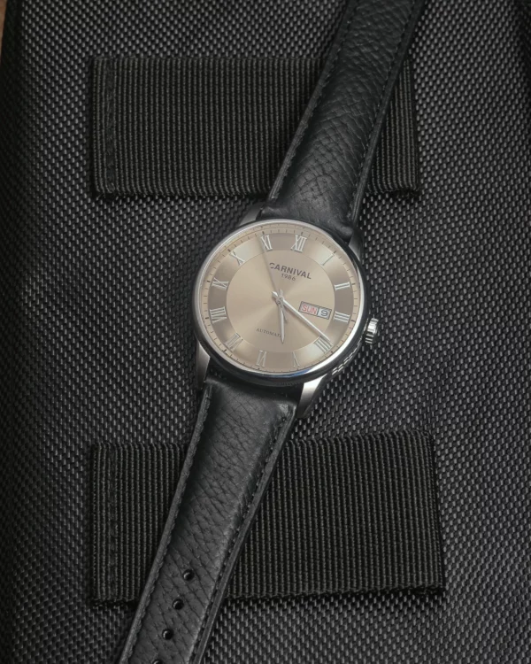 Badalassi Carlo Italian Leather Watch Strap | HEMSUT9 Black Italian leather watch strap installed on a wristwatch