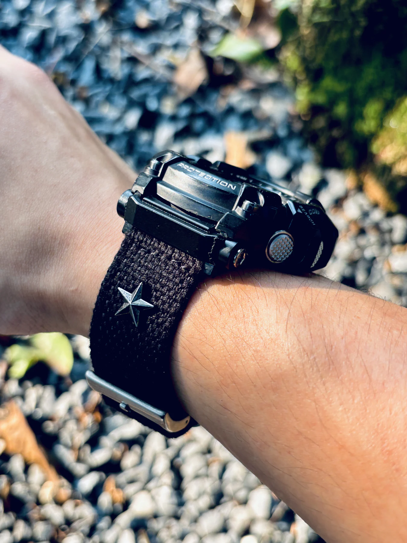 Black Patton canvas watch band installed on G-Shock GG-1000, GWG-100 and GSG-100