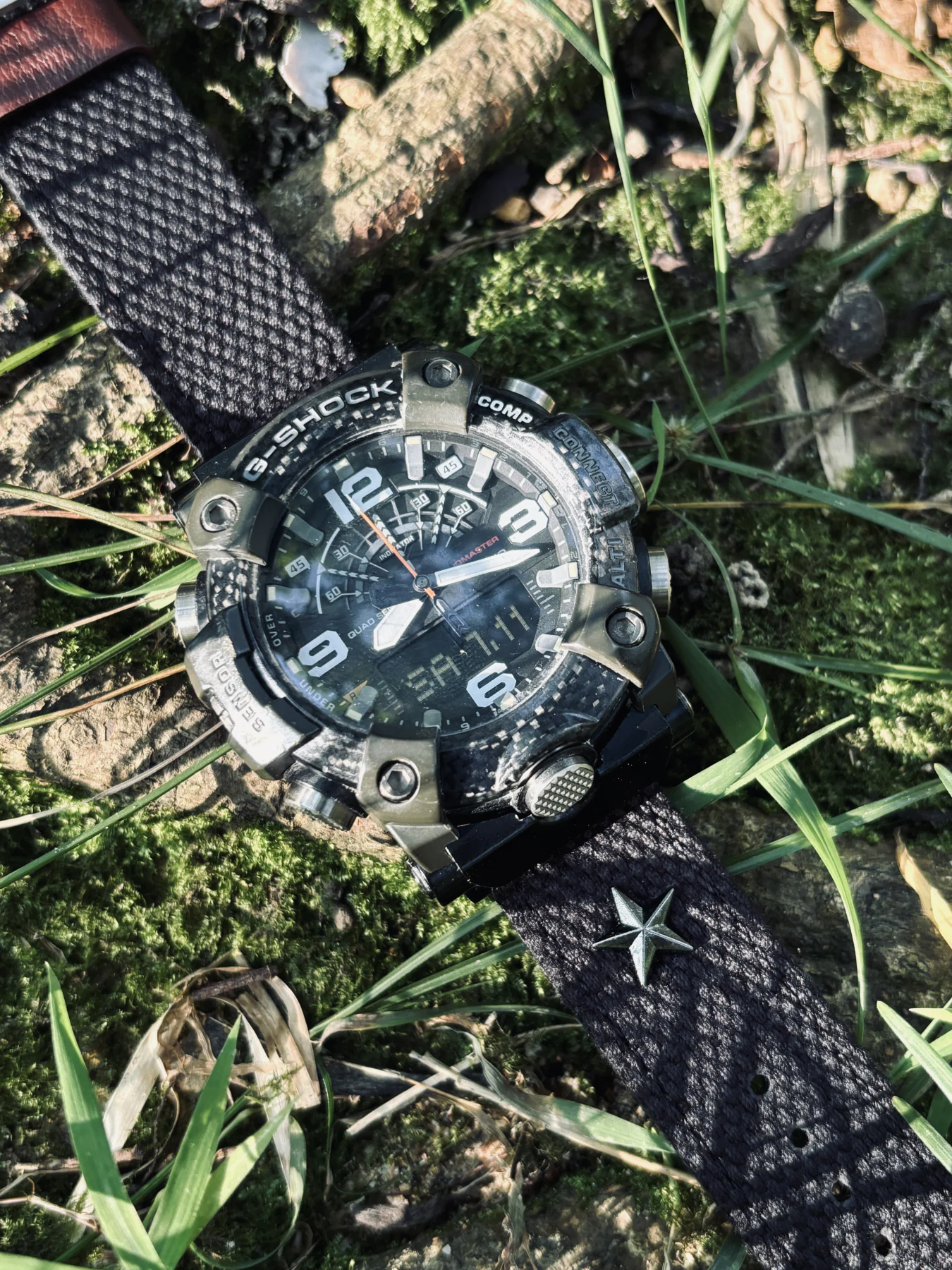 Black Patton canvas watch band installed on G-Shock GG-B100
