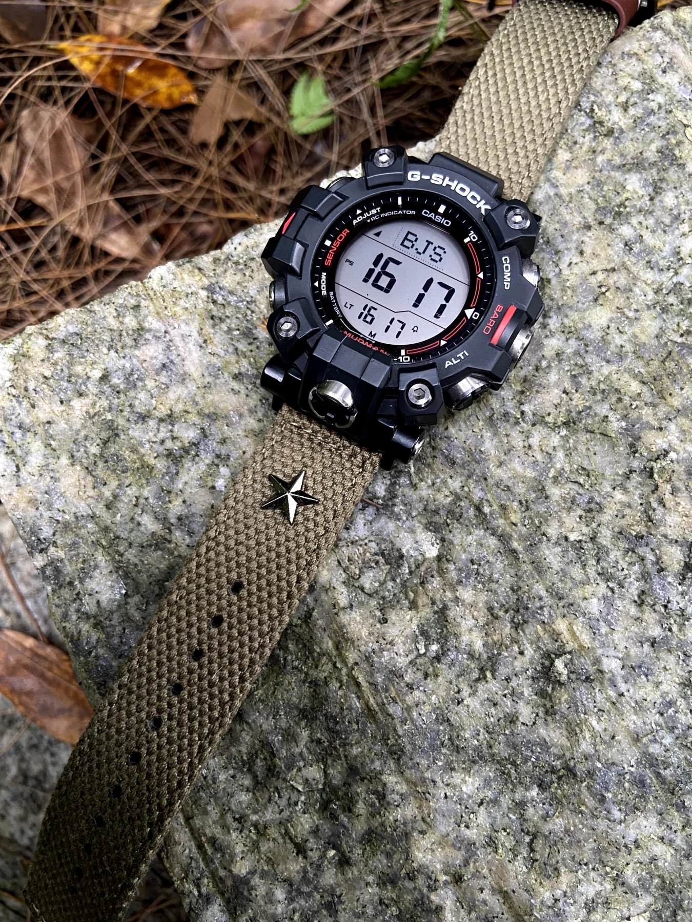 Army Green Patton canvas strap worn with G-Shock GW-9500