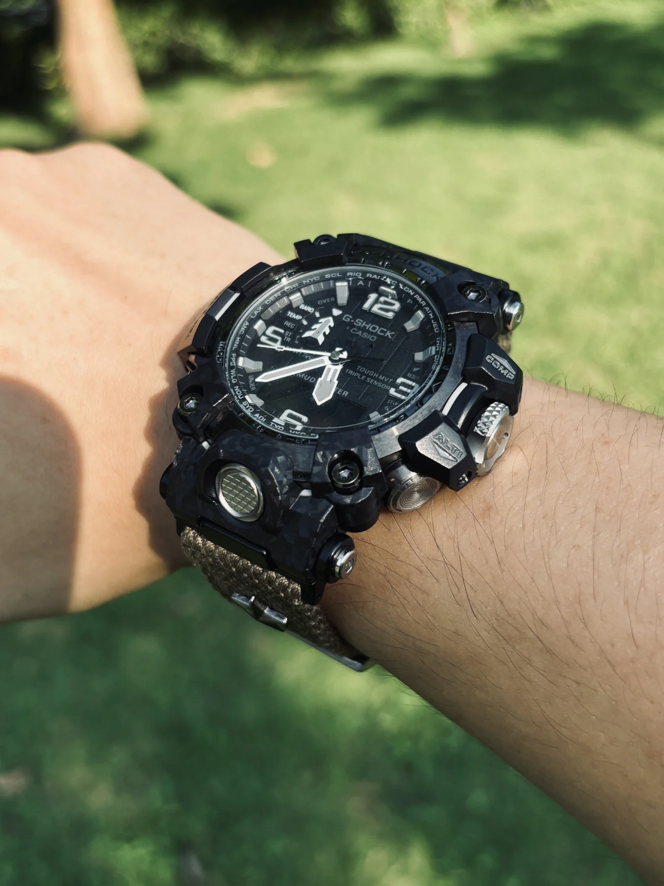 Army Green Patton canvas strap worn with G-Shock GWG-2000