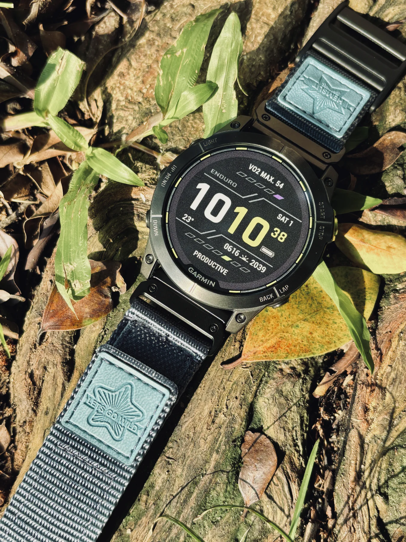 Grey nylon QuickFit watch band and Garmin watch displayed among leaves