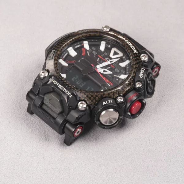 Detail view of black adapter connectors installed on a G-SHOCK GR-B200 watch without a strap