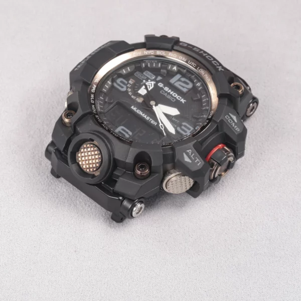 Detail view of black adapter connectors installed on a G-SHOCK GWG-1000 watch without a strap