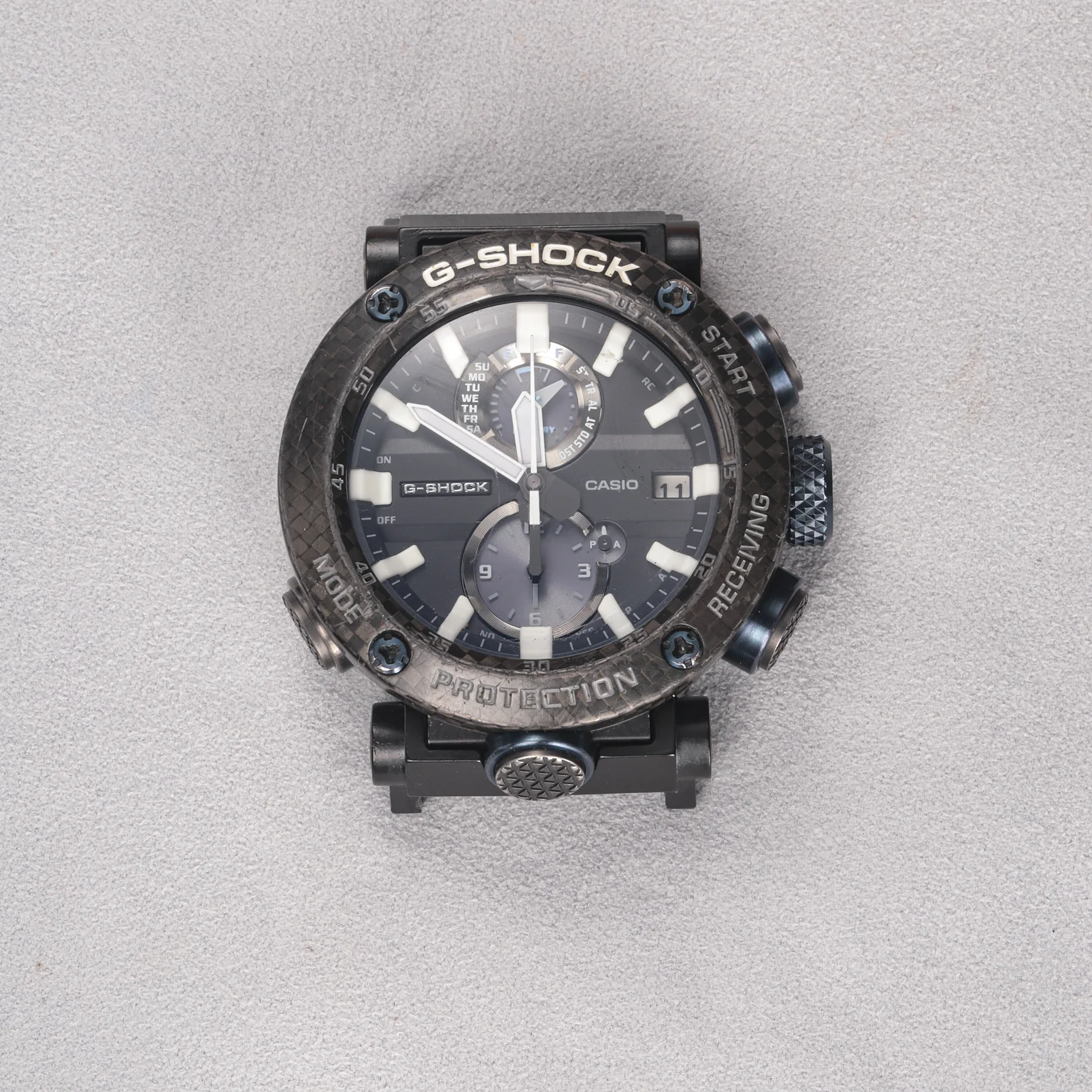 Black adapter connectors installed on a G-SHOCK GWR-B1000 watch without a strap