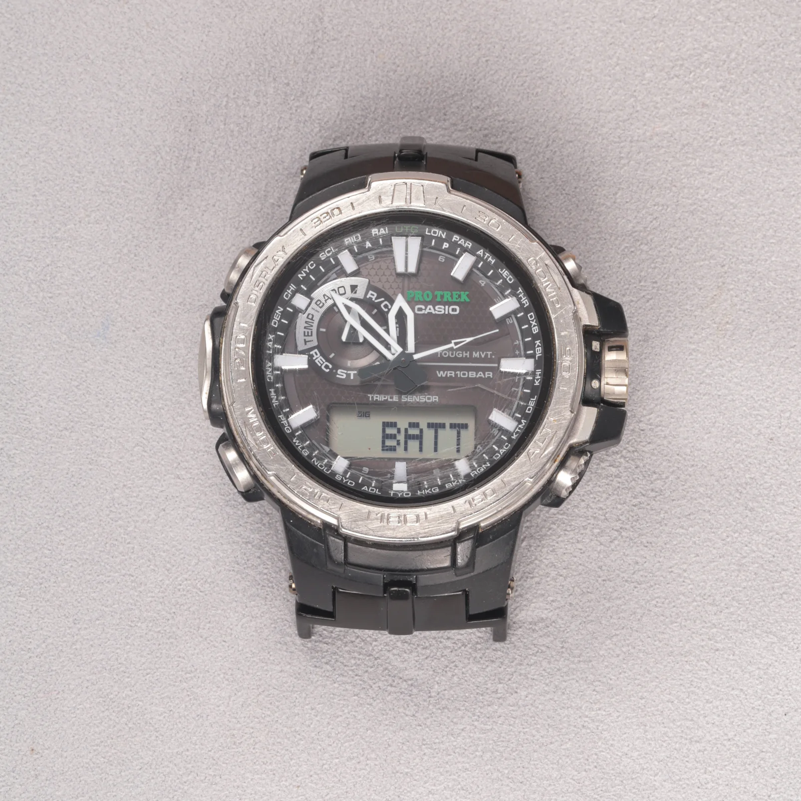 Black adapter connectors installed on a PRO TREK PRW-6000 watch without a strap