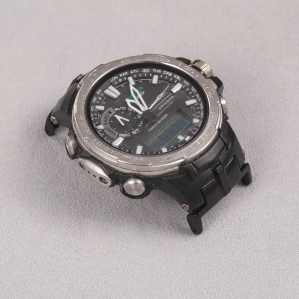 Detail view of black adapter connectors installed on a PRO TREK PRW-6000 watch without a strap