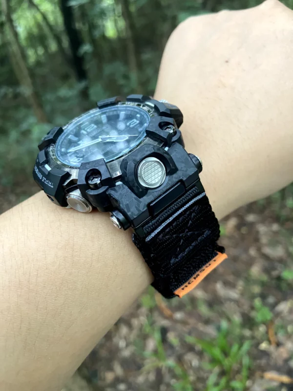 hg155-gwg2000-black-orange-02-wrist-side Side wrist view of the Black Orange nylon watch band fitted to a G-SHOCK GWG-2000
