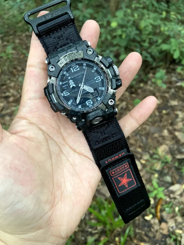 hg155-gwg2000-black-red-01-hand-front Black Red HEMSUT nylon hook-and-loop watch band fitted to a G-SHOCK GWG-2000, held outdoors
