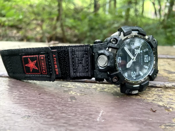 hg155-gwg2000-black-red-02-landscape-front Black Red nylon Velcro-style watch band fitted to a G-SHOCK GWG-2000 on an outdoor bench
