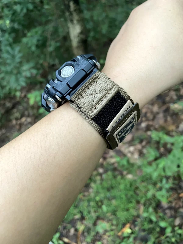 hg155-gwg2000-coyote-03-wrist-side Side wrist view of the Coyote HEMSUT nylon watch band with a G-SHOCK GWG-2000