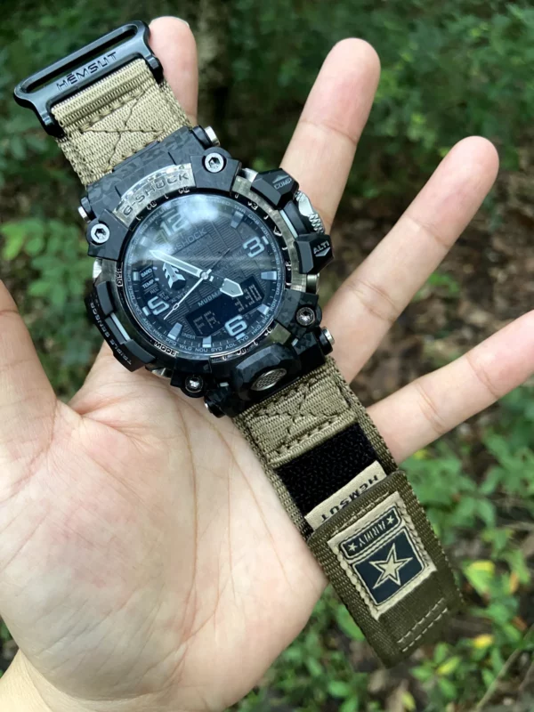 hg155-gwg2000-coyote-05-hand-display Coyote HEMSUT nylon Velcro-style watch band and G-SHOCK GWG-2000 held outdoors