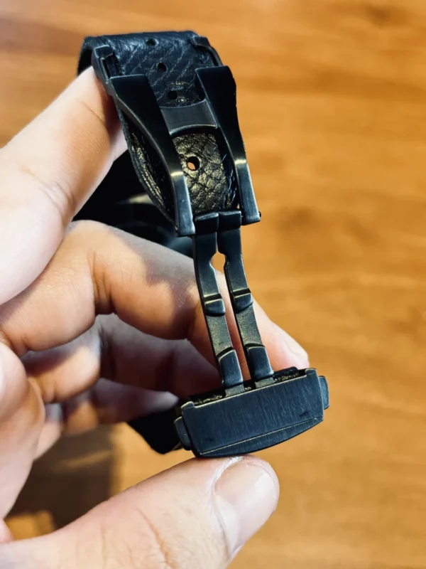 hga160-garmin-badalassi-carlo-black-deployant-clasp Open black deployant clasp on the Garmin-compatible leather strap