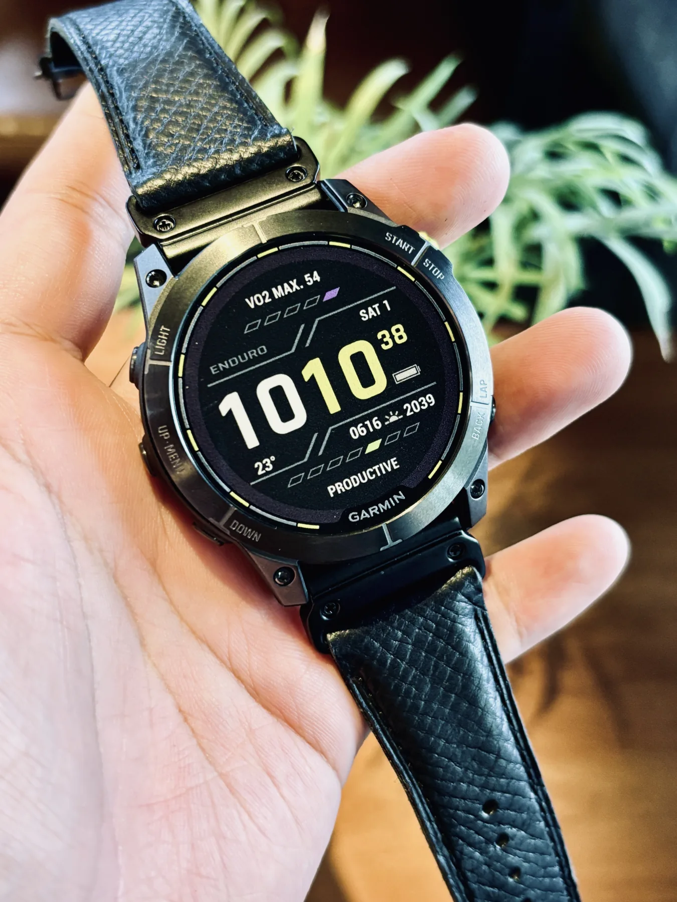 Black Badalassi Carlo Italian leather strap installed on a Garmin watch