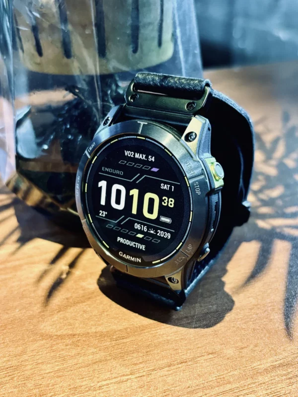 hga160-garmin-badalassi-carlo-black-tabletop-front Garmin watch with black Italian leather strap standing on a tabletop