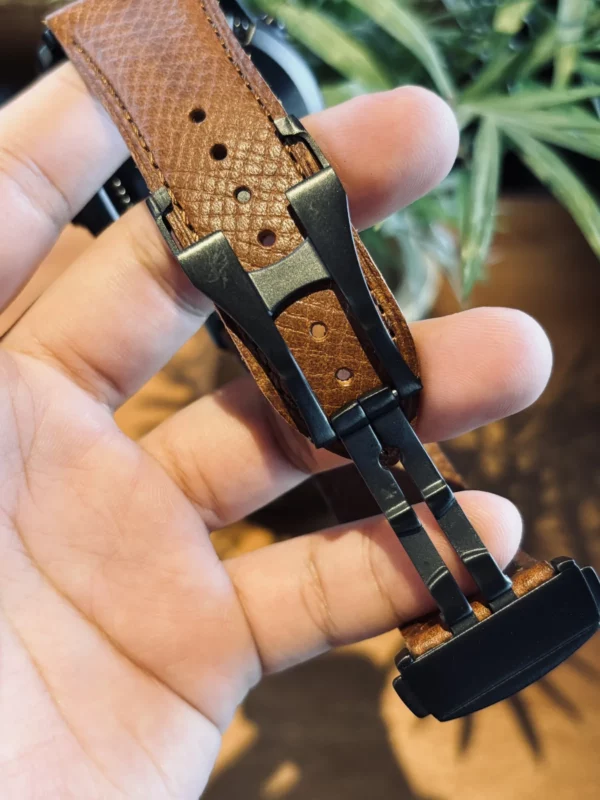 hga160-garmin-badalassi-carlo-cognac-brown-deployant-clasp Open black deployant clasp on the Cognac Brown Garmin-compatible strap