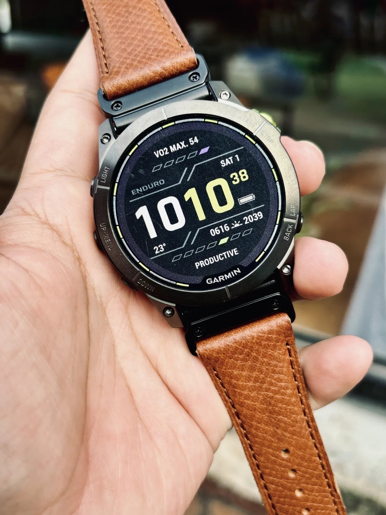 Cognac Brown Badalassi Carlo Italian leather strap installed on a Garmin watch